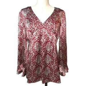 SUNDANCE Gray & Maroon Print Sz 12 Church Office Lined Silk Blouse NEW NWOT